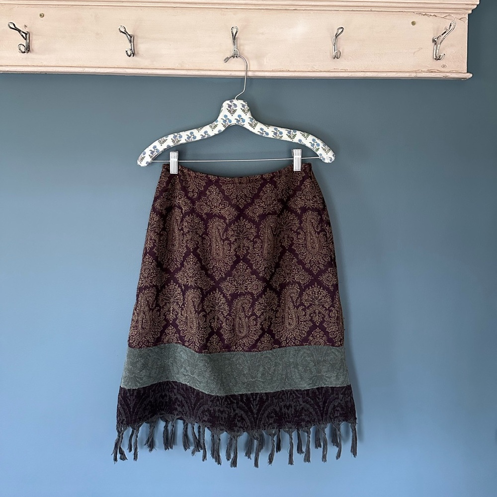 J. Jill Burgundy and Olive Patterned Fringe Hem Skirt